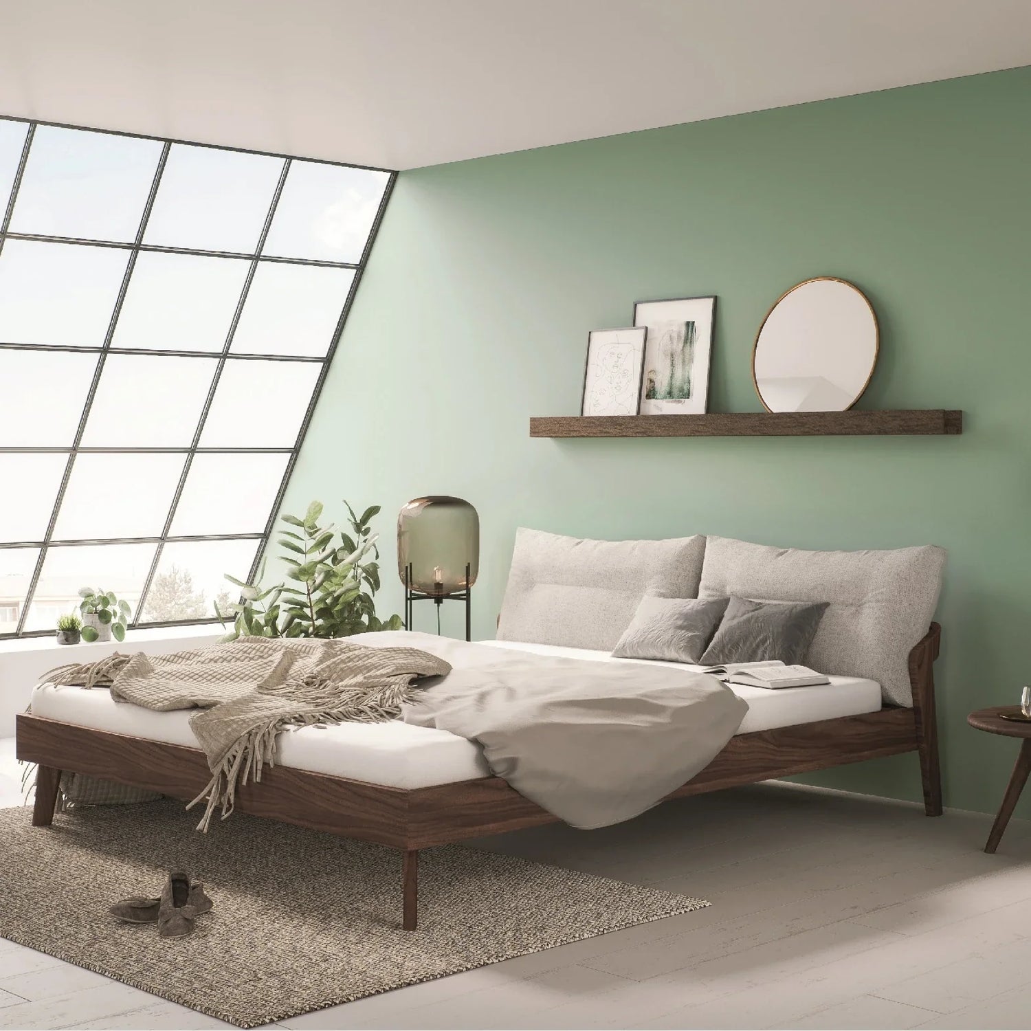 Designer Bett AINO aus massivem Nussbaumholz