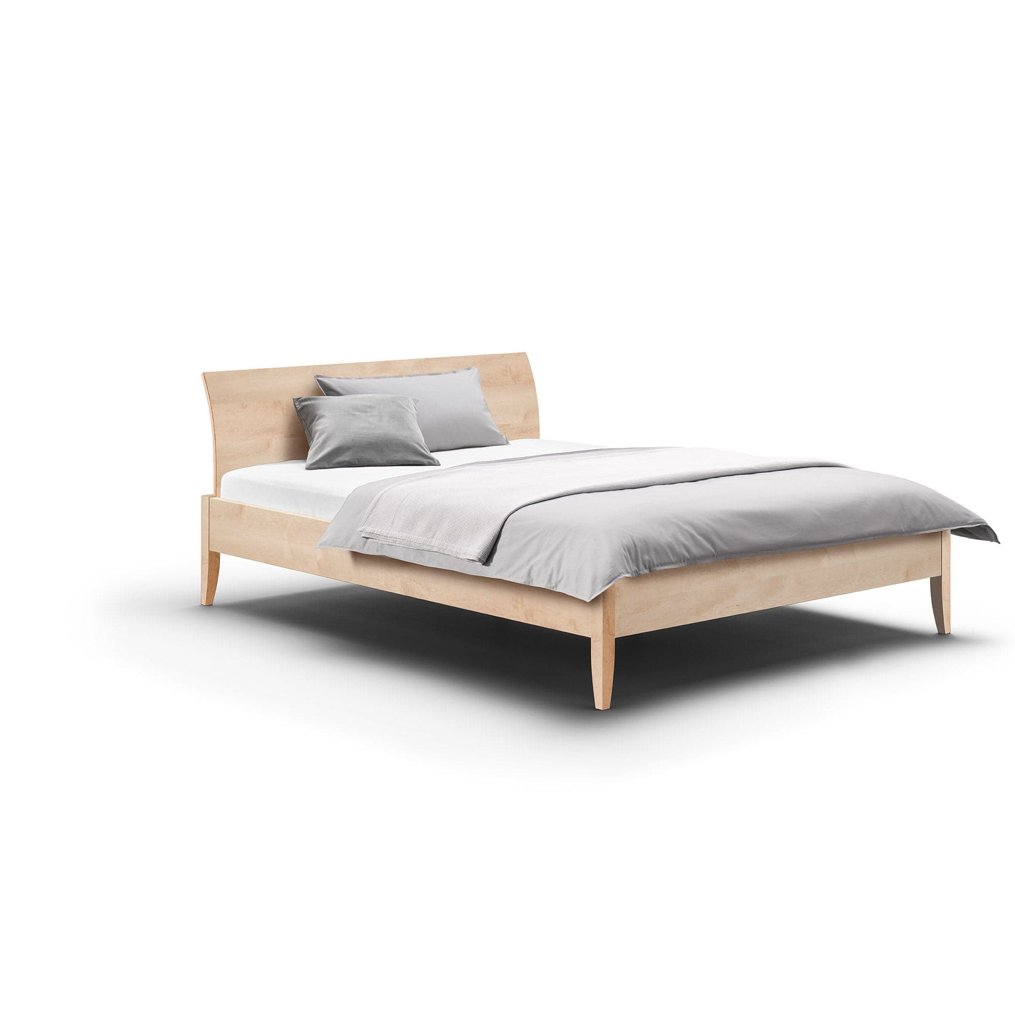 SANJA Holzbett massiv & metallfrei, hier in Ahorn mit gebogener Einsteck-Rückenlehne.