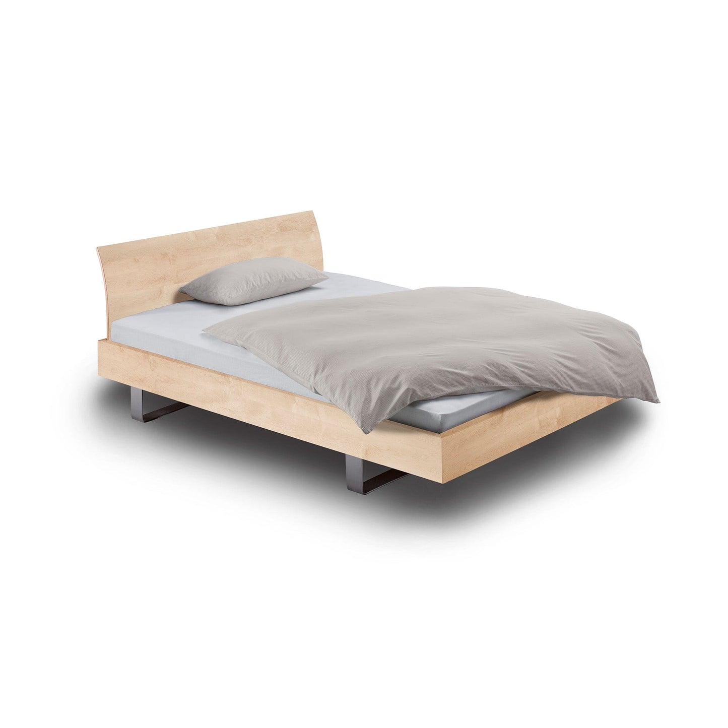 Holzmanufaktur Kufenbett STEP-G aus Massivholz mit Edelstahlkufen, hier das Bett in Ahorn 160x200 cm mit gebogener Einsteck-Rückenlehne.