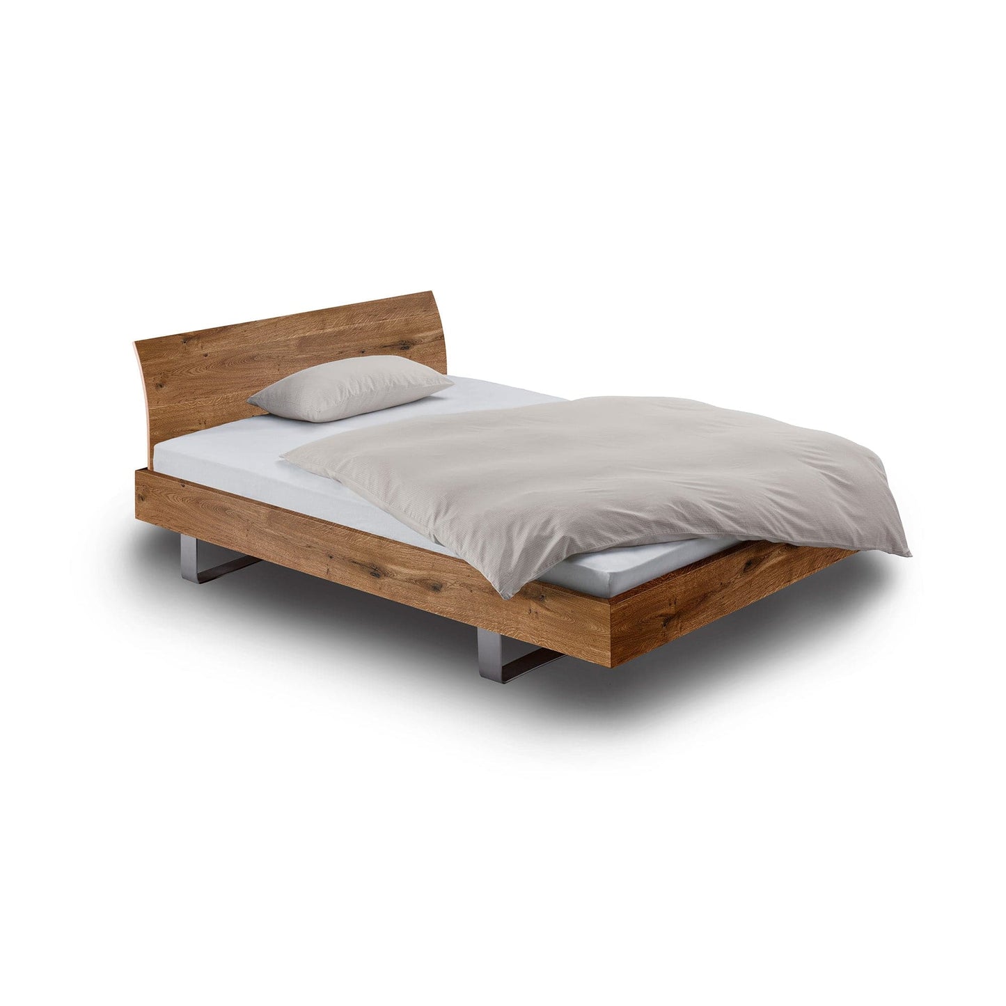 Bett STEP-G der Holzmanufaktur: Kufenbett mit Edelstahl-Kufen, hier das Bett in massiver Wildeiche 90x200 cm mit gebogener Einsteck-Rückenlehne.