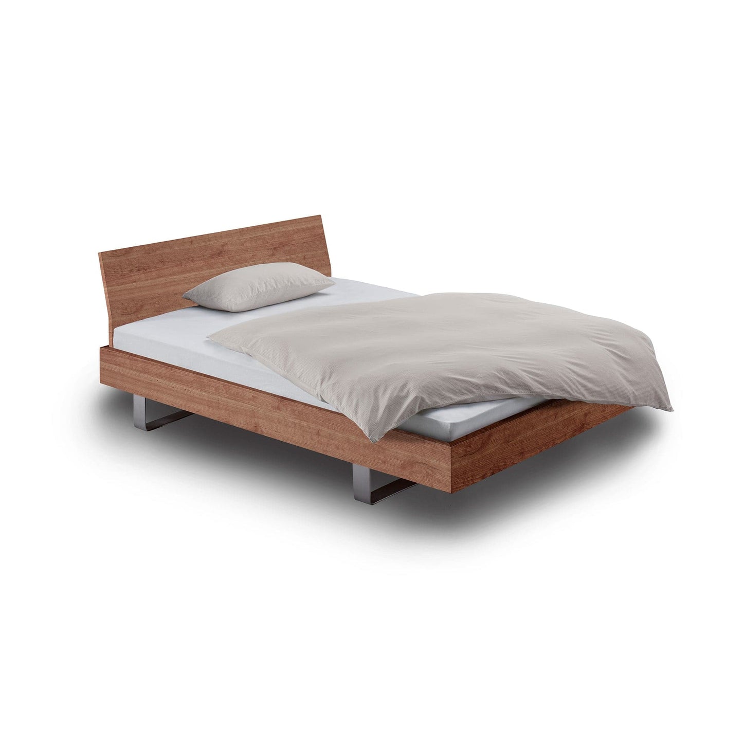 Bett STEP-G der Holzmanufaktur: Kufenbett mit Edelstahl-Kufen, hier das Bett in massivem Kischbaumholz 100x200 cm mit gebogener Einsteck-Rückenlehne.
