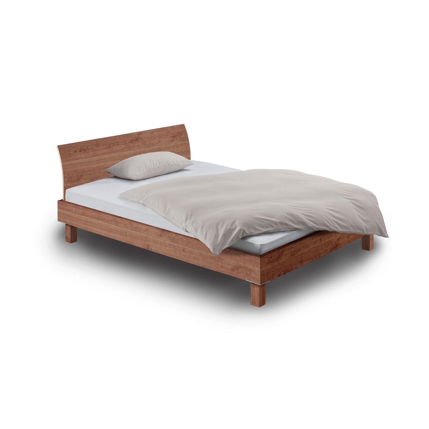 Variante vom Kufenbett STEP-G der Holzmanufaktur mit eingerückten Beinen: Hier das Bett in massivem Kirschbaum 90x200 cm mit gewinkelter Einsteck-Rückenlehne.