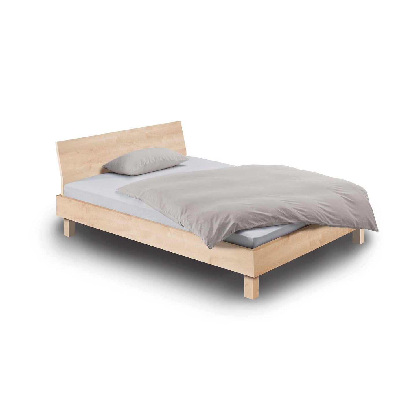 Variante vom Kufenbett STEP-G der Holzmanufaktur mit eingerückten Beinen: Hier das Bett in Ahorn mit gewinkelter Einsteck-Rückenlehne.