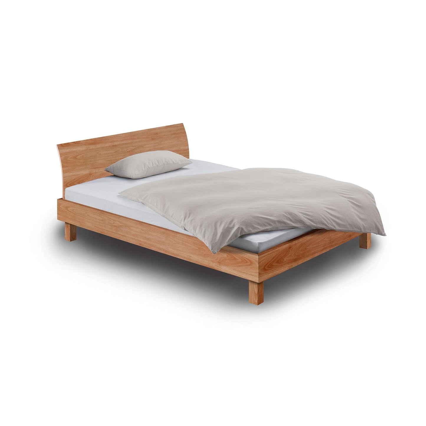 Variante vom Kufenbett STEP-G der Holzmanufaktur mit eingerückten Beinen: Hier das Bett in Buche mit gebogener Lehne.