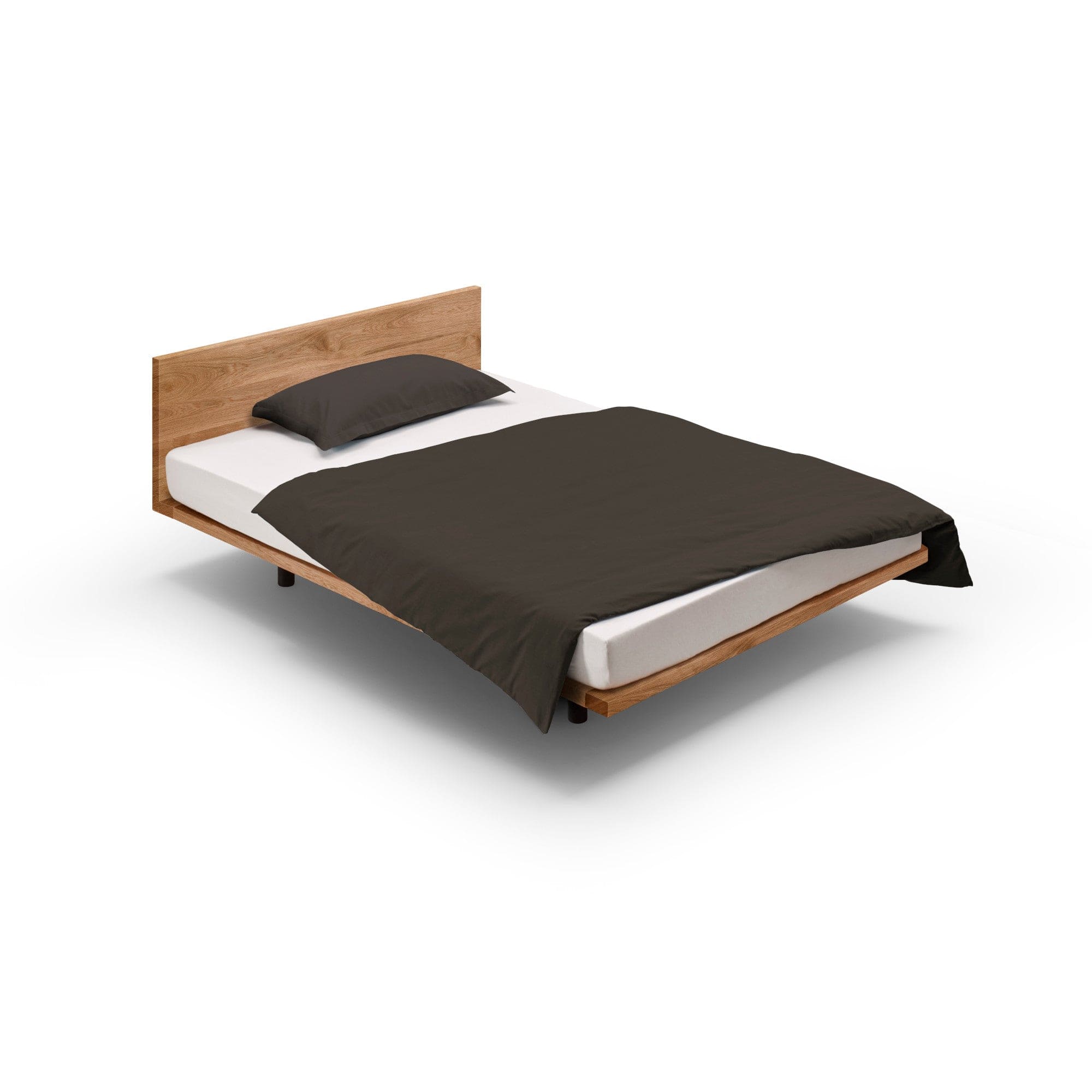 Massivholzbett SWING der Holzmanufaktur: Schwebendes Design Bett 90x200 cm aus Eiche mit Holzrückenlehne.