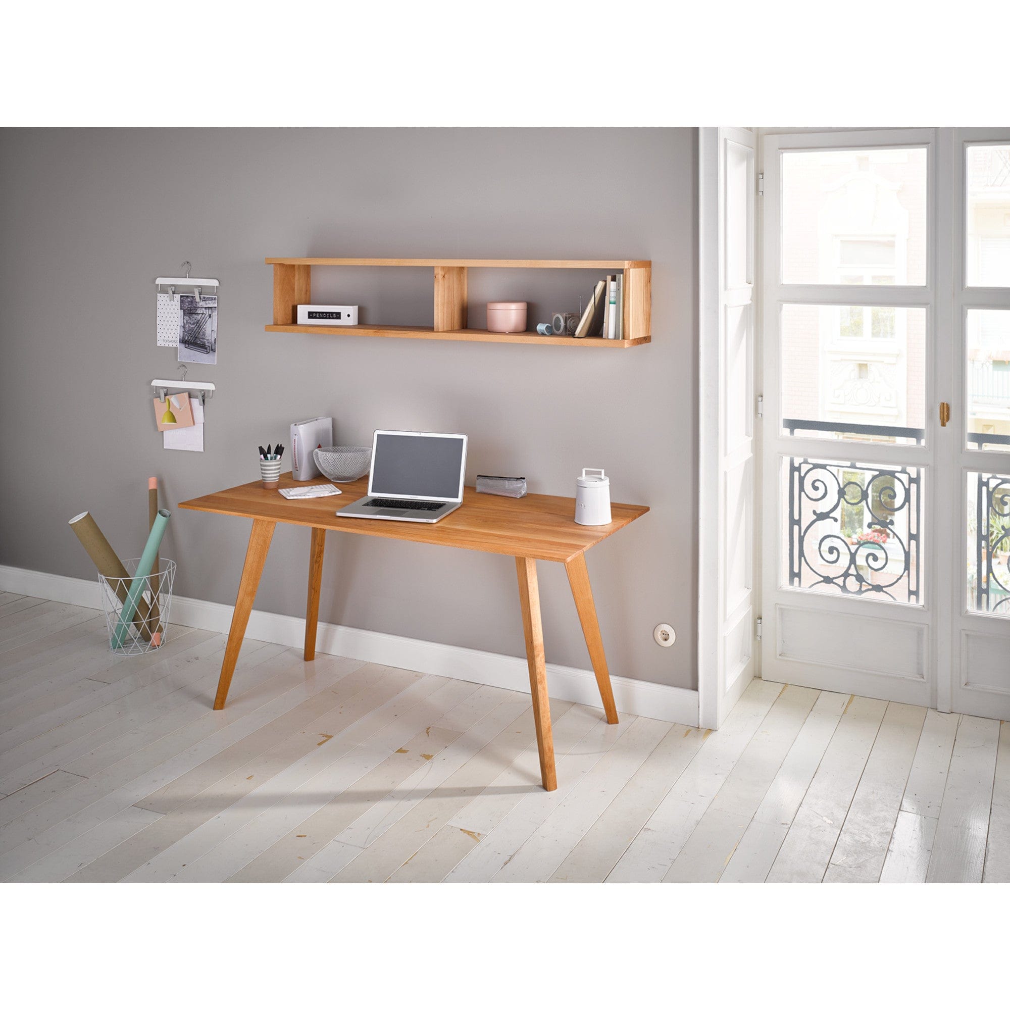 Massivholz Schreibtisch mit Schublade und Hängeregal IQ in Kernbuche