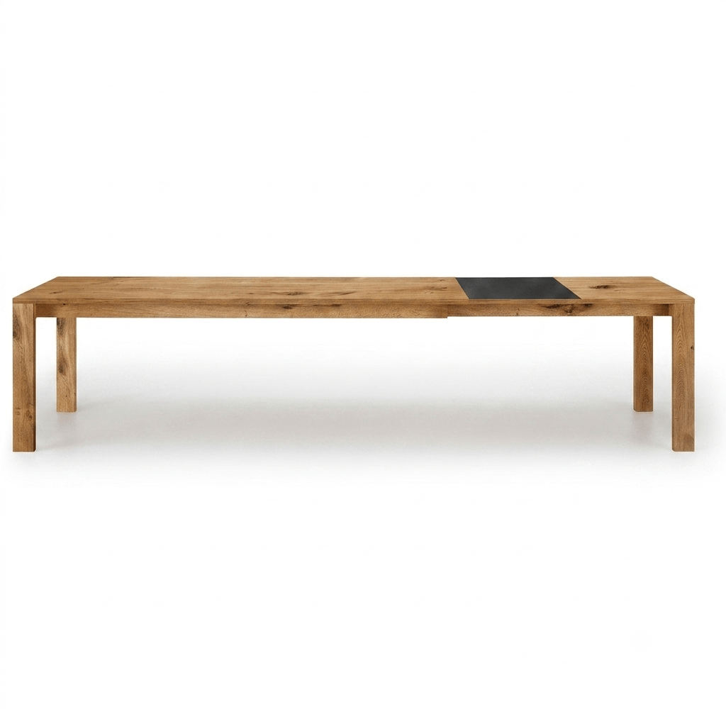 Holzmanufaktur ZOOM Tisch ausziehbar Wildeiche / 200 x 90 x 75 / 1 Einlegeplatte Holz & 1 Einlegeplatte Fenix schwarz