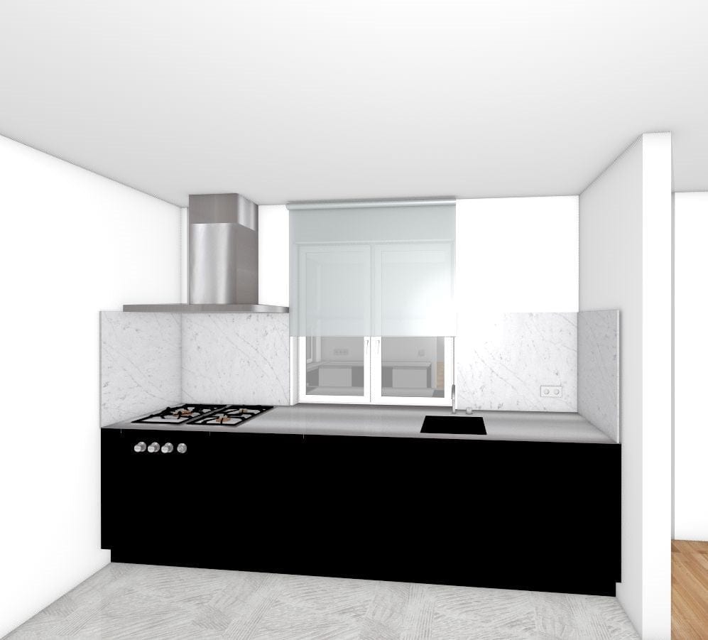 Entwurfszeichnung für eine kleine schwarze Küche mit optimaler Raumnutzung - Perfekte Küchenlösungen aus unserer Schreinerei