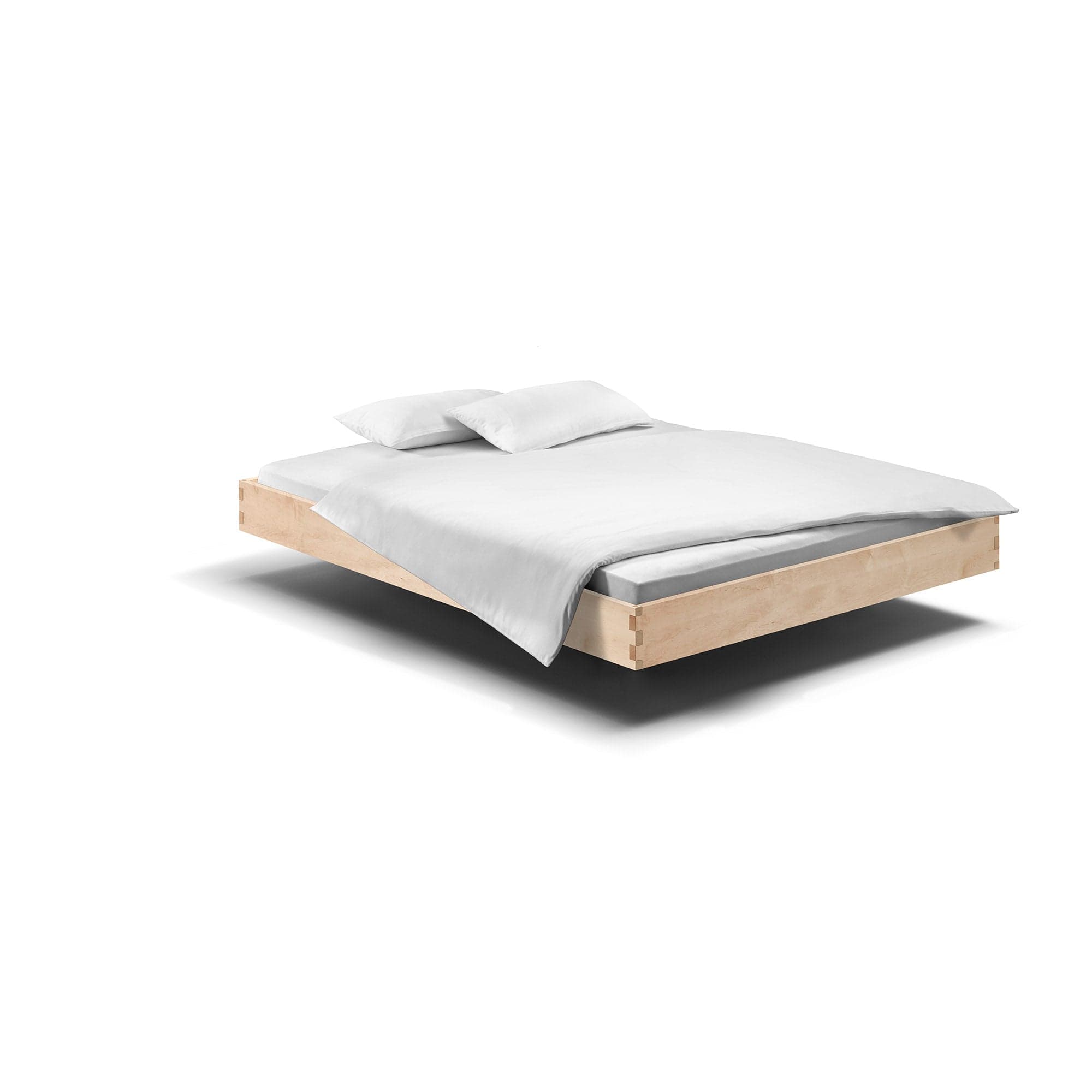 PADIO: Schwebendes Holzbett 140x200, eines unserer massiven Betten aus  Ahorn ohne Rückenlehne.