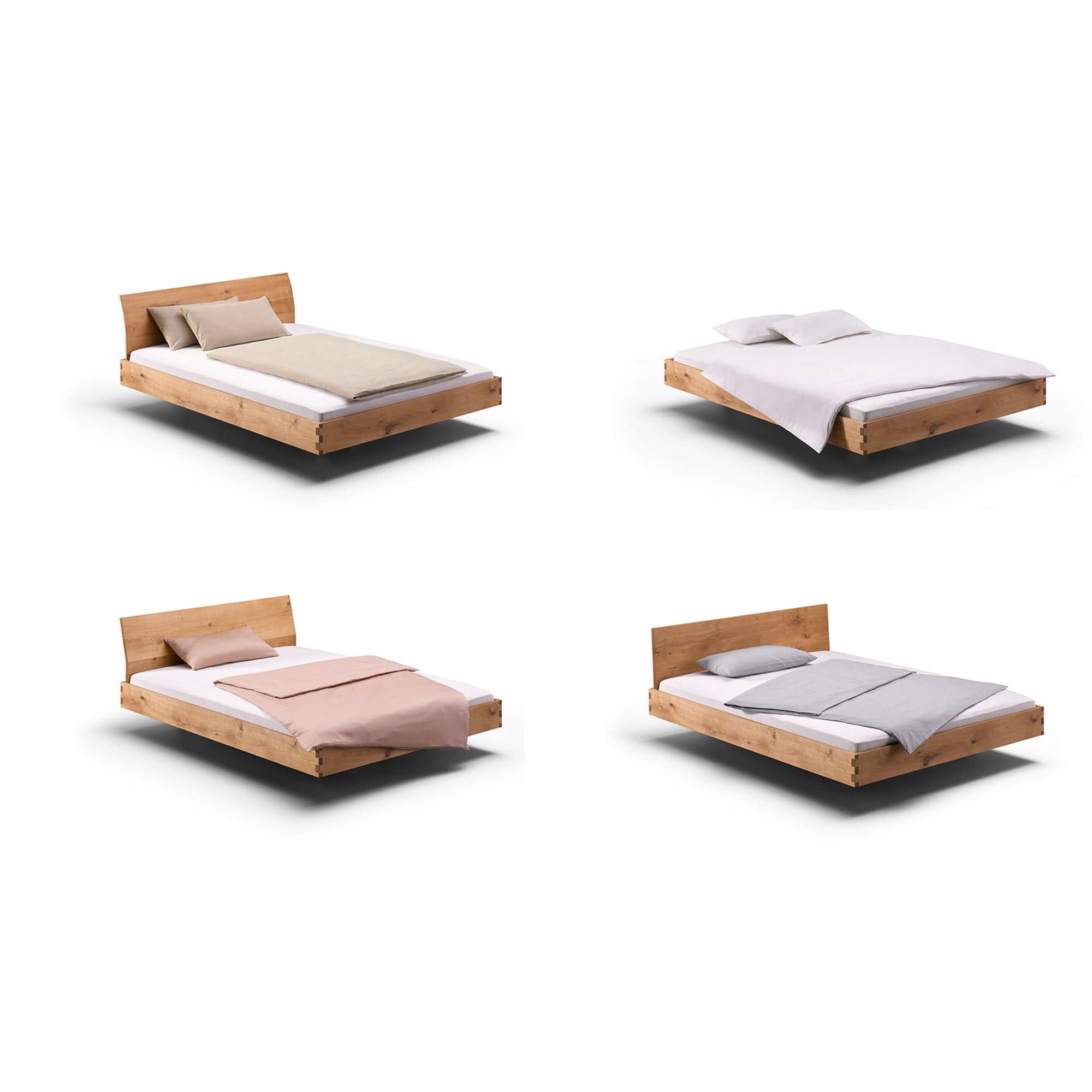 PADIO-Varianten: Niedrige und schwebende Betten aus Echtholz, eines unserer Bettgestelle aus  wilder Eiche, mit vier verschiedenen Kopfteilen erhältlich.