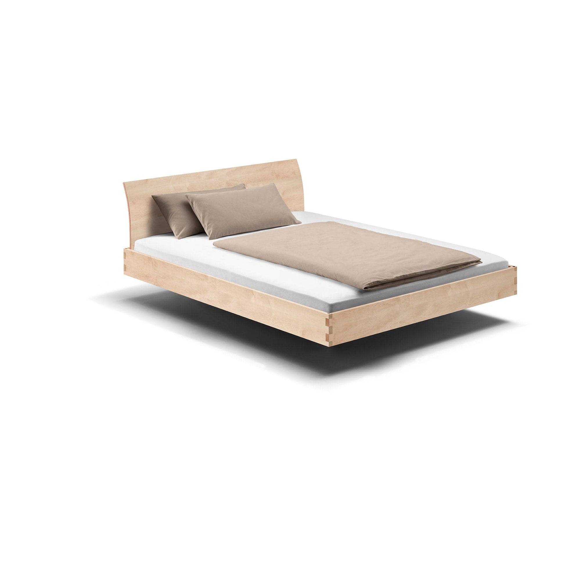 Holzmanufaktur Massivholzbett, ein hochwertiges schwebend leichtes Bett in Ahorn mit verschiedenen Rückenlehnen.